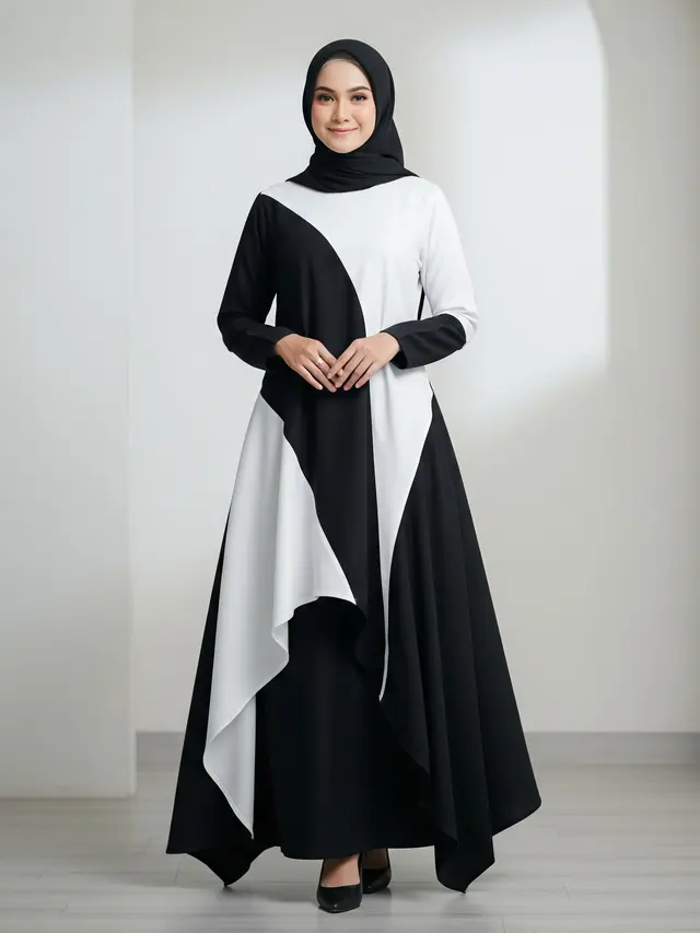 Model Gamis Kombinasi Hitam Putih Model Asimetris Dua Warna