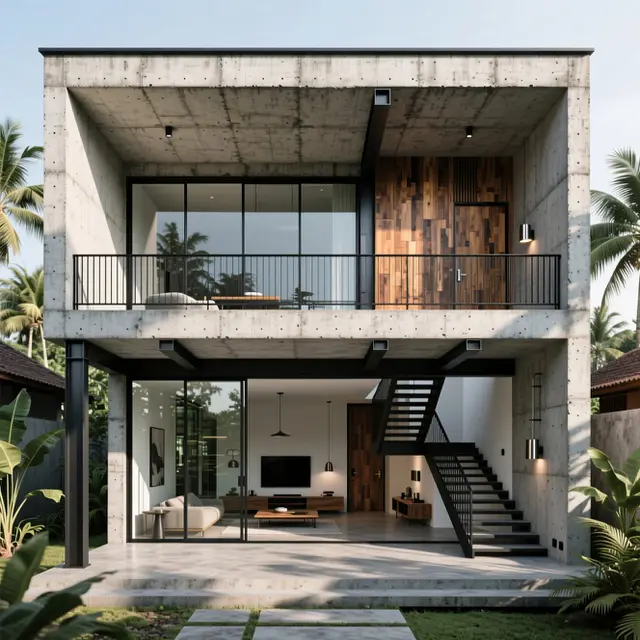 Inspirasi Rumah Gaya Industrial 2 Lantai dengan Balkon. Gemini