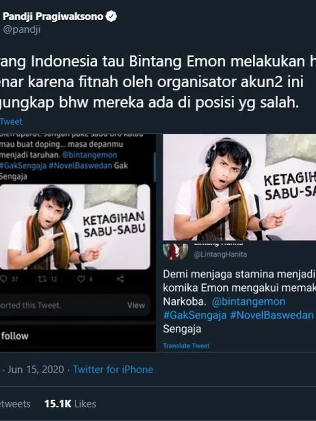 Unggahan Pandji Pragiwaksono membela Bintang Emon. (Twitter/ pandji)