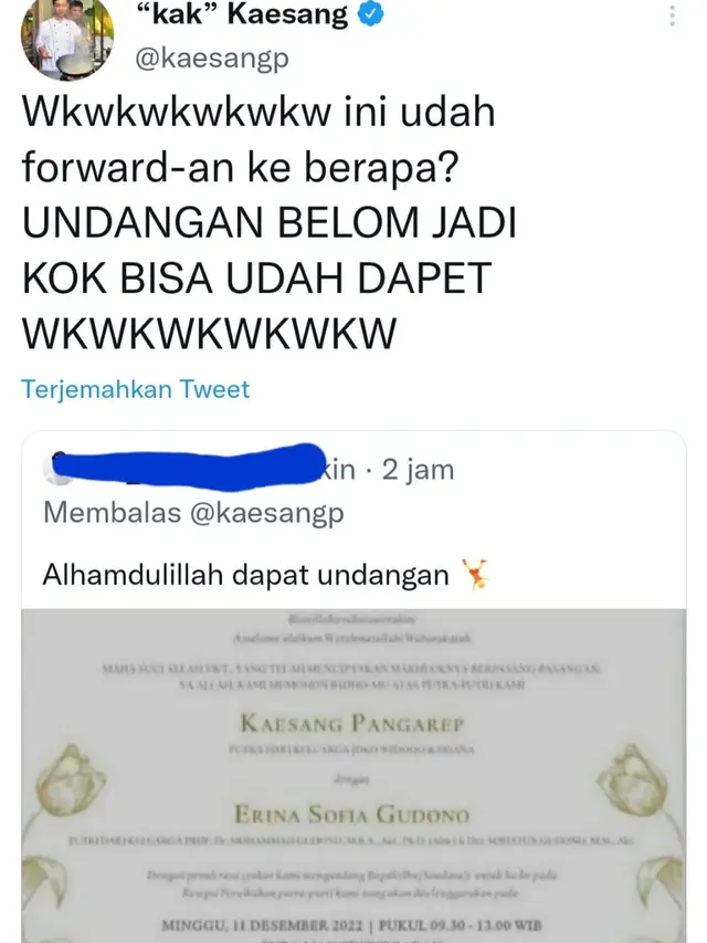 Cuitan Kaesang Pangarep soal undangan resepsi pernikahan di Pura Mangkunegara Solo yang beredar di medsos. (Foto: Dok. Twitter @kaesangp)
