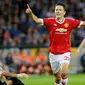 Ekspresi Ander Herrera setelah mencetak gol keempat MU ke gawang Club Brugge. Kamis (27/8/2015) dini hari WIB. (EPA/Olivier Hoslet)) 