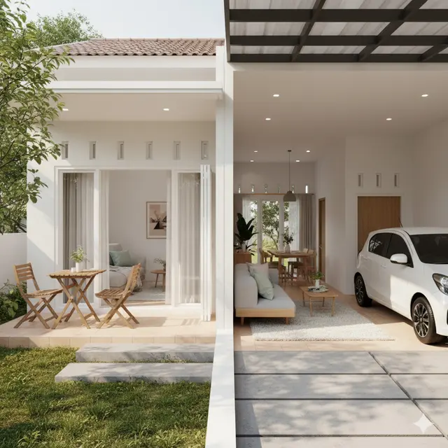 Teras Rumah Minimalis Menyatu Ruang Tamu dan Carport