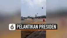 Sembilan helikopter TNI terlihat terparkir di Pintu Parkir Timur Monas siang ini. Kelima Helikopter tersebut hendak latihan guna ikut mendukung pengamanan pelantikan presiden Minggu besok (20/10/2019).