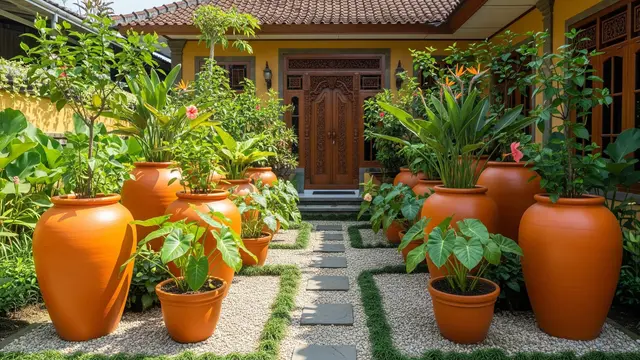 desain kebun rumah tropis di halaman depan yang mudah dirawat