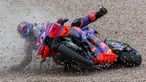 Pembalap Prima Pramac Racing, Jorge Martin terjatuh saat MotoGP Jerman 2024 yang berlangsung di Sirkuit Sachsenring, Jerman, Minggu (07/07/2024) waktu setempat. (AFP/Radek Mica)