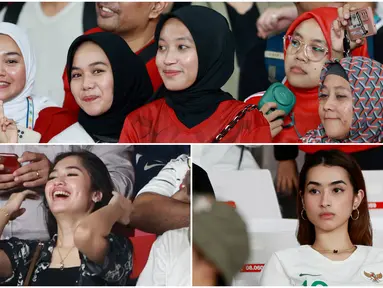 Sejumlah suporter wanita hadir menyaksikan langsung laga Timnas Indonesia Vs Brunei Darussalam pada laga Kualifikasi Piala Dunia 2026 zona Asia di Stadion Utama Gelora Bung Karno (SUGBK), Senayan, Jakarta, Kamis (12/10/2023). Berikut potret fans cantik di laga tersebut.