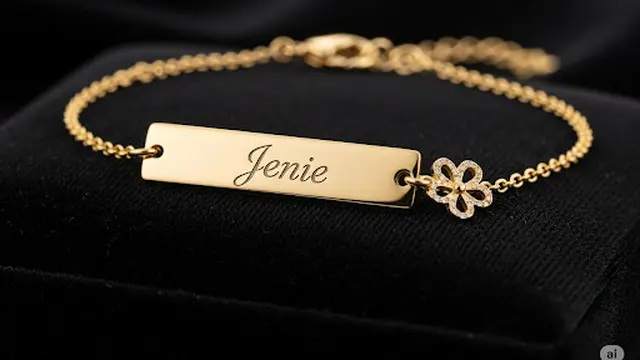 Gelang Rantai Emas Kuning dengan Charm Nama dan Bandul Bunga