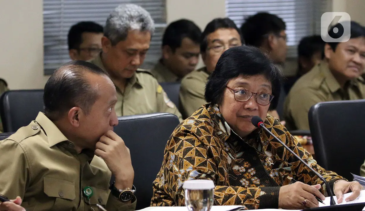 Menteri Lingkungan Hidup dan Kehutanan Siti Nurbaya (kanan) saat rapat kerja dengan Komite II DPD di Kompleks Parlemen, Senayan, Jakarta, Senin (17/2/2020). Rapat tersebut membahas program kerja Kementerian Lingkungan Hidup dan Kehutanan Tahun 2020. (Liputan6.com/Johan Tallo)