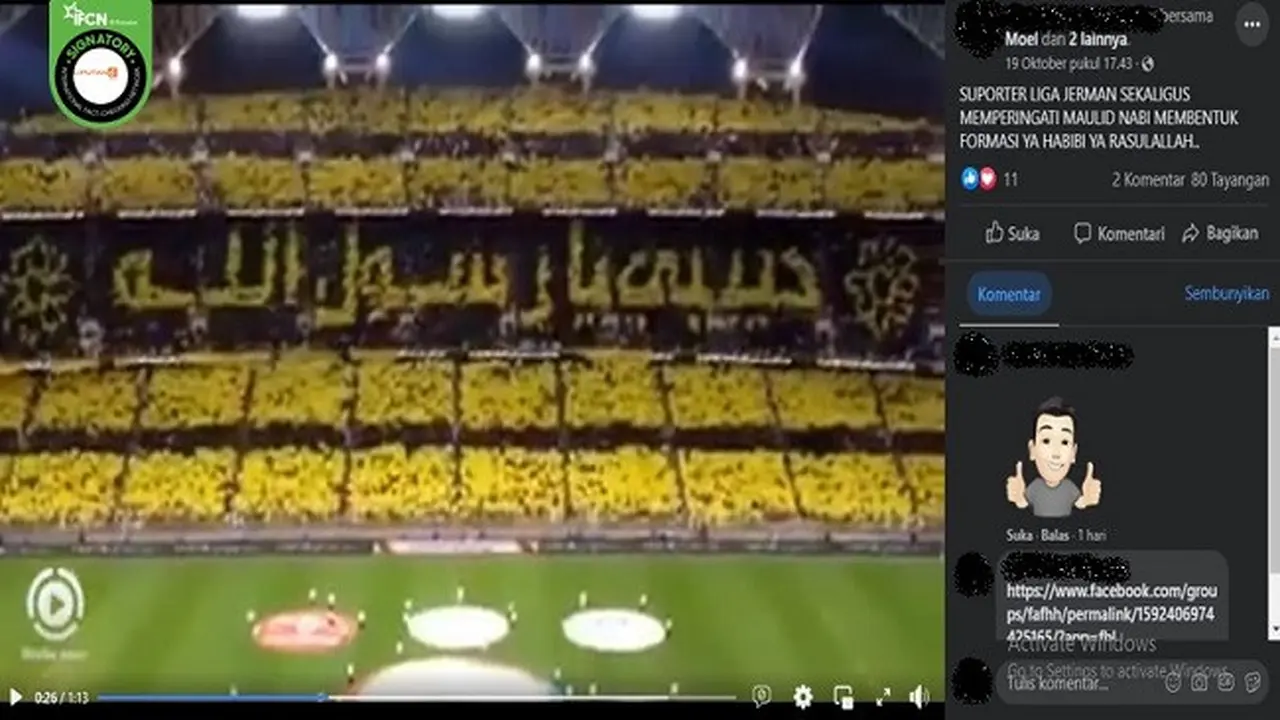 Gambar Tangkapan Layar Video yang Diklaim Suporter Liga Jerman Bentangkan Koreografi Memperingati Maulid Nabi Muhammad SAW (sumber: Facebook).