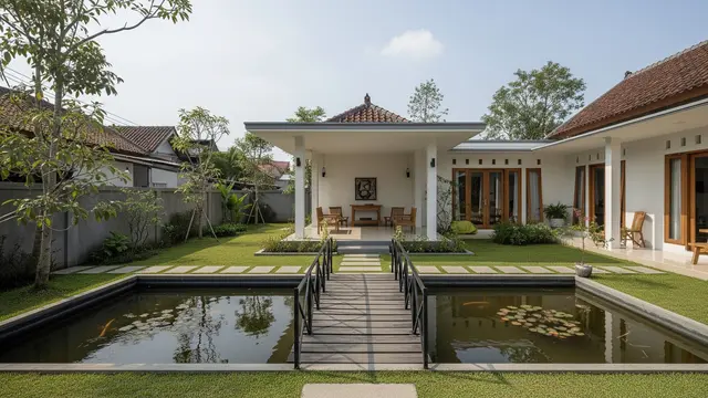 Rumah Desa Kombinasi Modern Jawa dengan Pendopo Minimalis dan Kolam Ikan