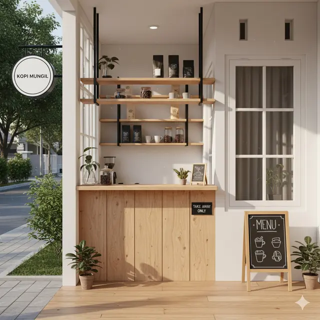 Desain Teras Rumah Mungil untuk Usaha Kopi Take Away Tren 2025. Gemini