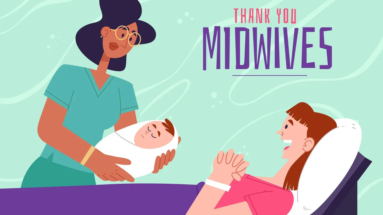 Ilustrasi persalinan, ibu, bayi, bidan