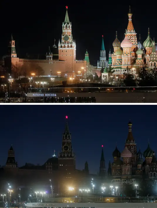 Foto kombinasi menunjukkan Kremlin sebelum (atas) dan selama Earth Hour di Moskow, Rusia, Sabtu (30/3). (REUTERS/Maxim Shemetov)