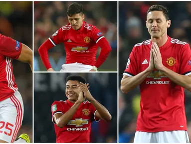 Lima penggawa Manchester United mengalami penurunan poin pada gim FIFA 19. Penurunan masing-masing item pada ranking lima pemain tersebut karena pemain tampil tidak konsisten untuk Setan Merah. (Foto Kolase AP, EPA dan AFP)