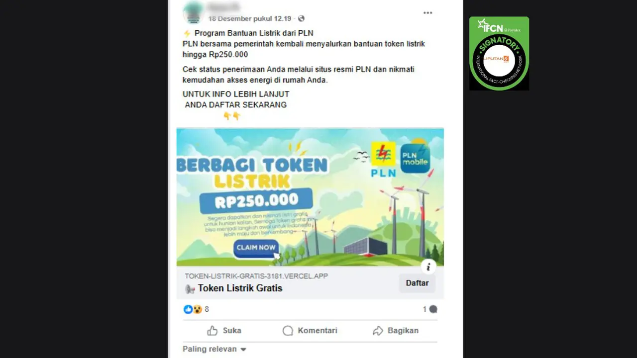 Tangkapan layar klaim link pendaftaran untuk mendapatkan bantuan token listrik dari PLN yang beredar di Facebook.