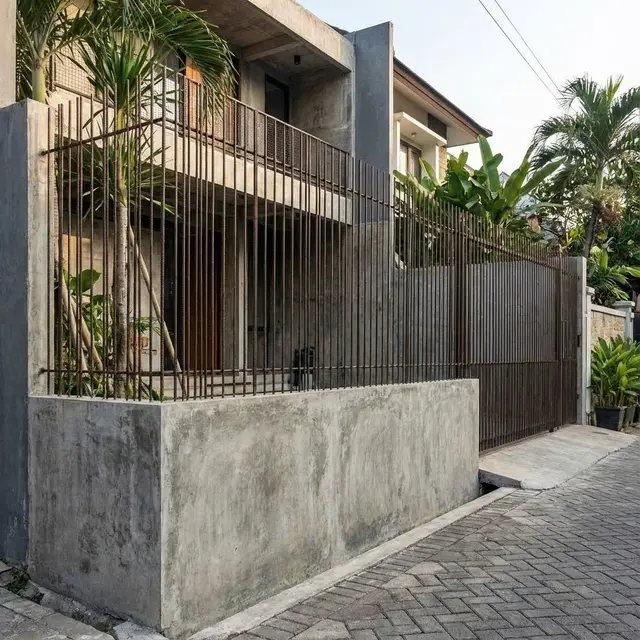 Model Pagar Rumah dengan Kombinasi Tembok Rendah dan Besi Tipis