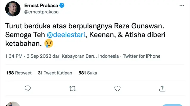 Cuitan Ernest Prakasa soal Reza Gunawan. (Foto: Dok. Twitter @ernestprakasa)