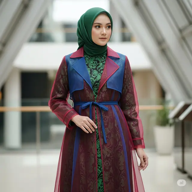 Gamis Brokat Timbul Kombinasi Organza Model Trench