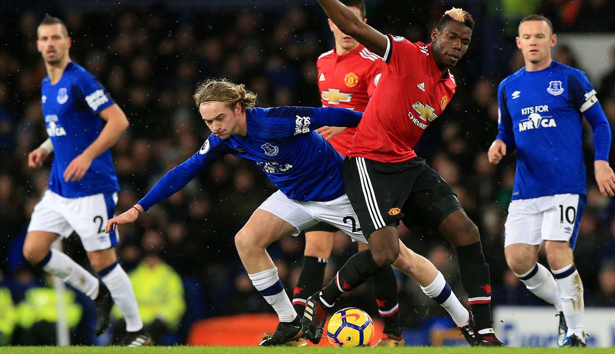 Pemain Everton Tom Davies berebut bola dengan gelandang Manchester United, Paul Pogba saat pertandingan Liga Inggris di Goodison Park, Liverpool (1/1). (Peter Byrne / PA via AP)
