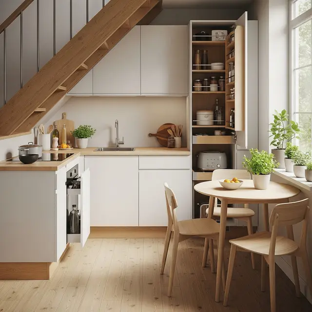 Dapur Skandinavia di Bawah Tangga dengan Nuansa Putih Natural 2025