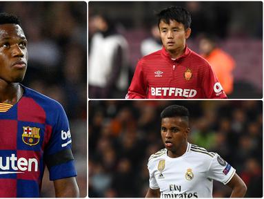 Liga Spanyol dikenal memiliki segudang wonderkid yang layak dinanti aksinya. Salah satunya Ansu Fati, pemain Barcelona ini tampil apik bersama timnas Spanyol di UEFA Nations League. Berikut Ansu Fati dan 5 wonderkid yang akan bersinar di Liga Spanyol musim 2020/2021. (kolase foto AFP)