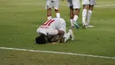 Sujud syukur Kafiatur Rizky usai membobol gawang Timnas Timor Leste U-19 dalam laga Grup A Piala AFF U-19 2024 di Stadion Gelora Bung Tomo, Surabaya, Selasa (24/7/2024). (Dok. PSSI).