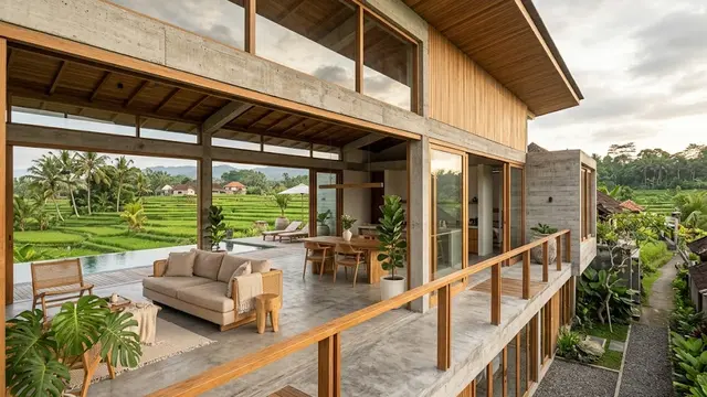 Rumah Desa dengan Taman Indoor dan Material Ekspos