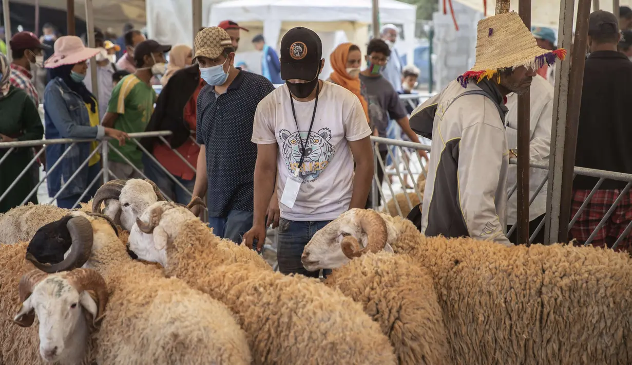 Orang-orang berkumpul untuk membeli domba jelang perayaan Idul Adha di sebuah pasar di pinggiran Rabat, Maroko, Kamis (30/7/2020). (AP Photo/Mosaab Elshamy)