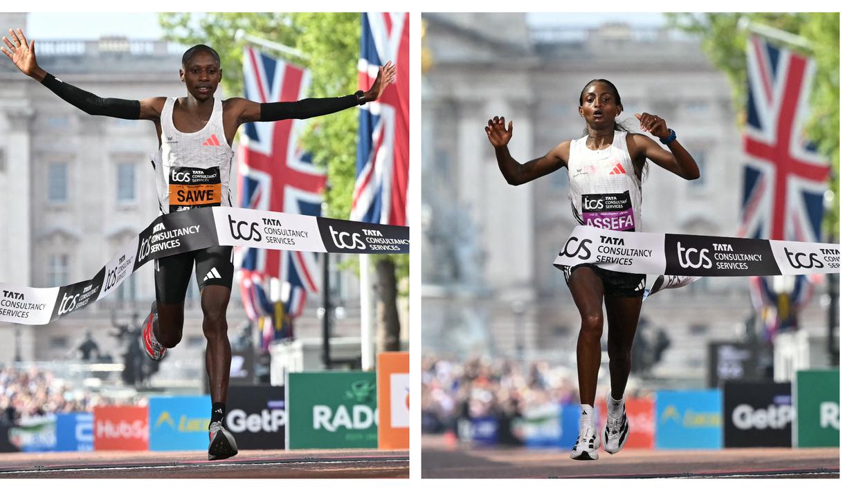 Foto kolase pelari Kenya, Sabastian Sawe (kiri) dan pelari Etiopia, Tigist Assefa saat melalui garis finis dalam ajang London Marathon 2025 di London, Inggris, Sabtu (27/04/2025) waktu setempat. (AFP/Justin Tallis)