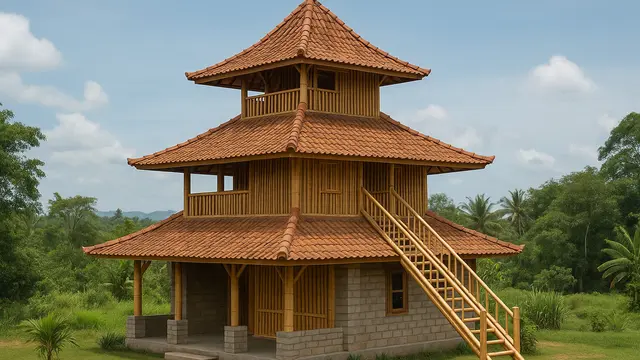 Model Rumah Bambu dan Batako Sederhana dengan Atap Joglo/Ilustrasi AI