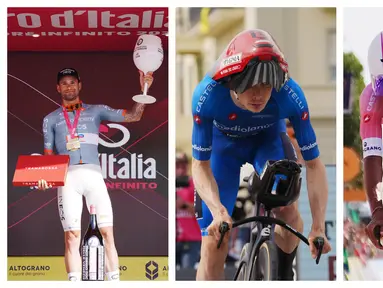 Drama mewarnai etape 10 Giro d'Italia 2026, Selasa (19/05/2026) waktu setempat. Pada etape tersebut, para pembalap beradu cepat pada sesi Individual Time Trial (ITT) yang menempuh jarak 42km dari Viareggio hingga Massa, Italia. (Foto kolase:AP Photo dan AFP)