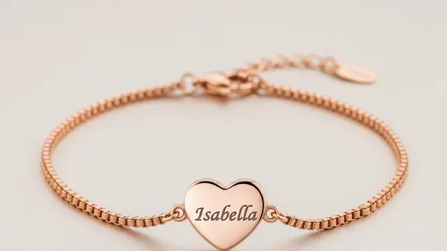Gelang Rantai Kotak Rose Gold Kombinasi dengan Bandul Hati Ukiran Nama