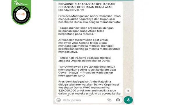 Gambar Tangkapan Layar Kabar Hoaks Madagaskar Keluar dari WHO.