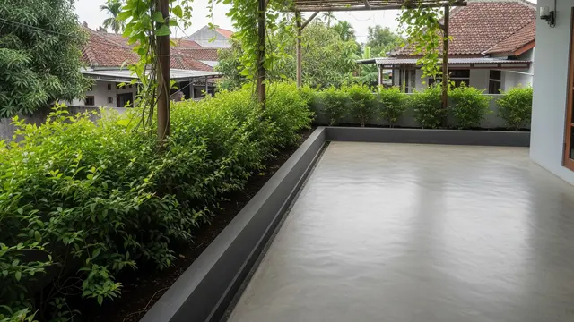 Teras dengan Tanaman Daun Kecil Rimbun, Sejuk di Musim Hujan dan Teduh saat Kemarau Model Minimal dengan Border Tanaman