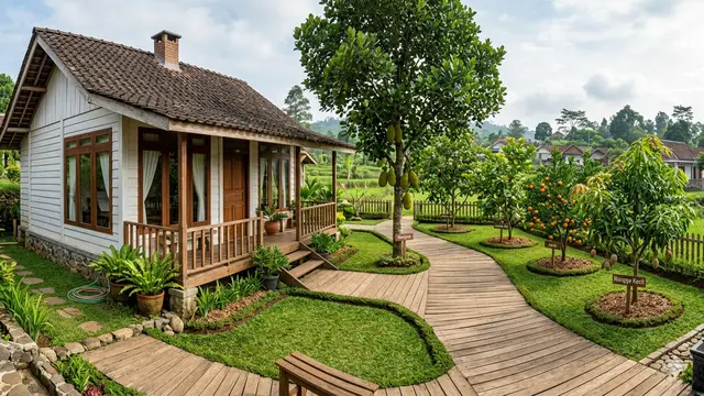 Ide Rumah Sederhana di Desa dengan Halaman Luas Jadi Kebun Produktif./Gemini