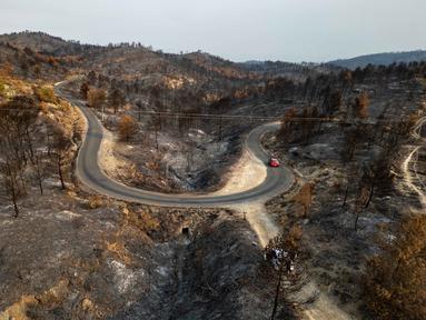 Pemandangan udara ini menunjukkan sebuah jalan yang membentang di sepanjang lahan yang terbakar akibat kebakaran hutan di dekat desa Jonquieres, di departemen Aude, Prancis Selatan, pada 18 Agustus 2025. (Lionel BONAVENTURE/AFP)