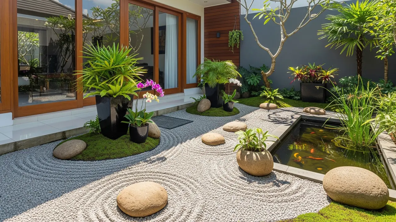 Ide Taman Batu Kering dengan Kolam Ikan Kecil di Teras Rumah/AI Generated