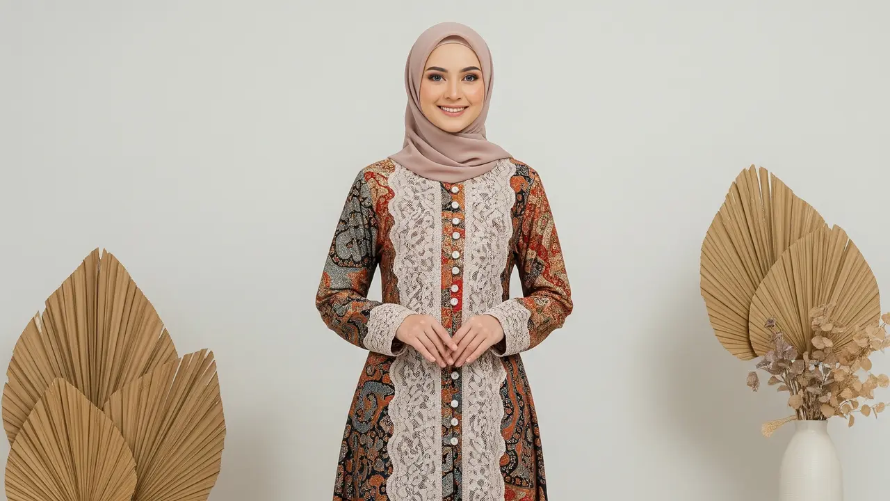 9 Gamis Batik Kombinasi Brokat Lengan Panjang Elegan, Tren Busana Muslimah 2025