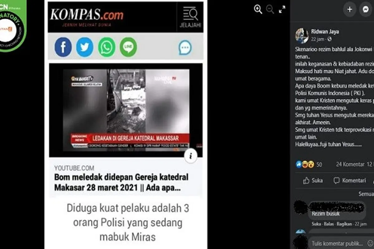 Gambar Tangkapan Layar Kabar Hoaks Pelaku Bom Gereja Katedral Makassar Tiga Polisi yang Sedang Mabuk Miras (sumber: Facebook)