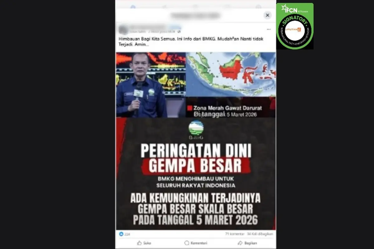 Cek Fakta Liputan6.com mendapati klaim unggahan yang menyebutkan BMKG memprediksi gempa besar pada 5 Maret 2026.