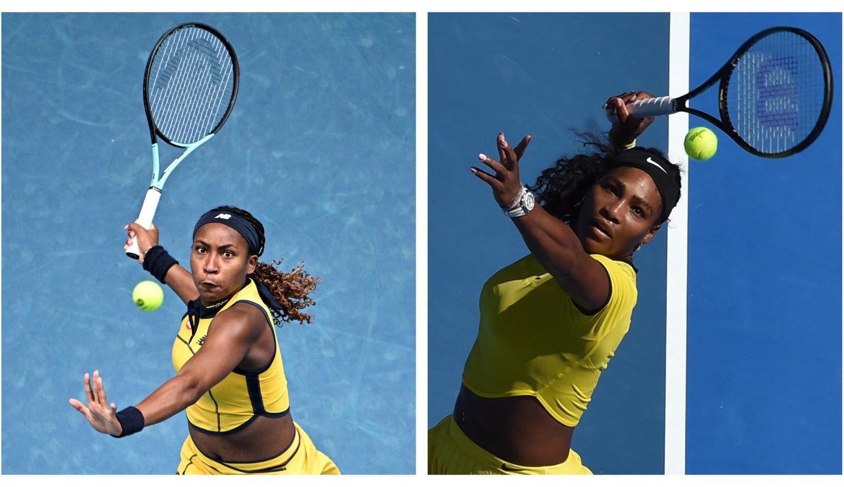 Petenis Amerika Serikat, Coco Gauff (kiri) dan Serena Williams saat melakukan servis di turnamen Australia Open. (Foto Kolase: AFP/Anthony Wallace dan AFP/Paul Crock)