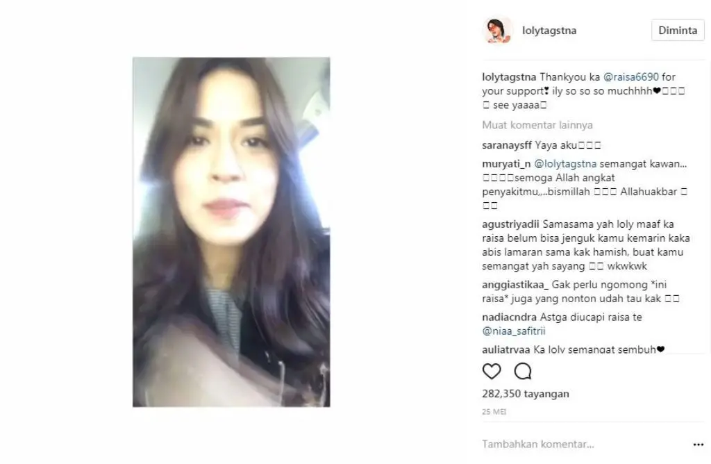 Raisa kirim video untuk Lolyta Agustina. (Foto: Instagram Lolyta Agustina)