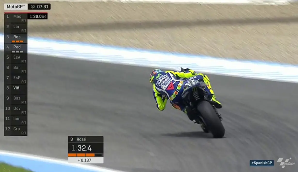 Ini adalah pole position ke-52 bagi Valentino Rossi sepanjang tampil di kelas utama balap motor dunia. (Bola.com/Twitter/MotoGP). 
