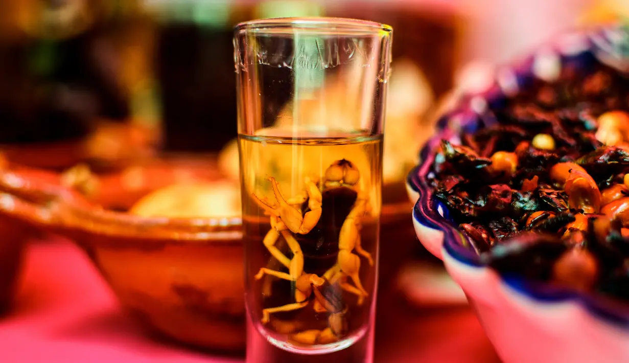 Penampakan segelas mezcal yang disajikan dengan kalajengking di sebuah pasar di Mexico City, Meksiko, Minggu (10/6). (Ronaldo SCHEMIDT/AFP)