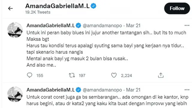 Amanda Manopo stres dengan alur cerita Ikatan Cinta (Foto tangkapan layar Twitter @amandamanopo)