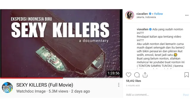 Komentar Via Vallen soal film Sexy Killers (Instagram/viavallen).
