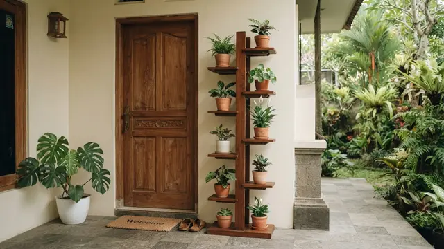 Model Sudut Teras Rumah dengan Rak Tanaman