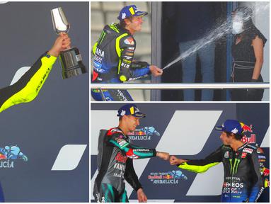 Berikut ini ekspresi bahagia Valentino Rossi setelah berhasil kembali naik podium Motogp