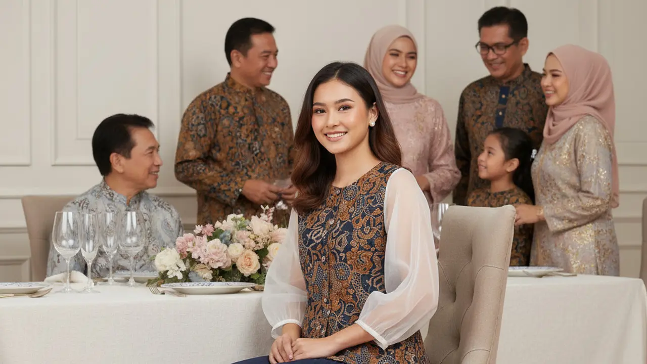 Model Blouse Batik Kombinasi Organza Lengan Bishop untuk Pesta Keluarga. Gemini