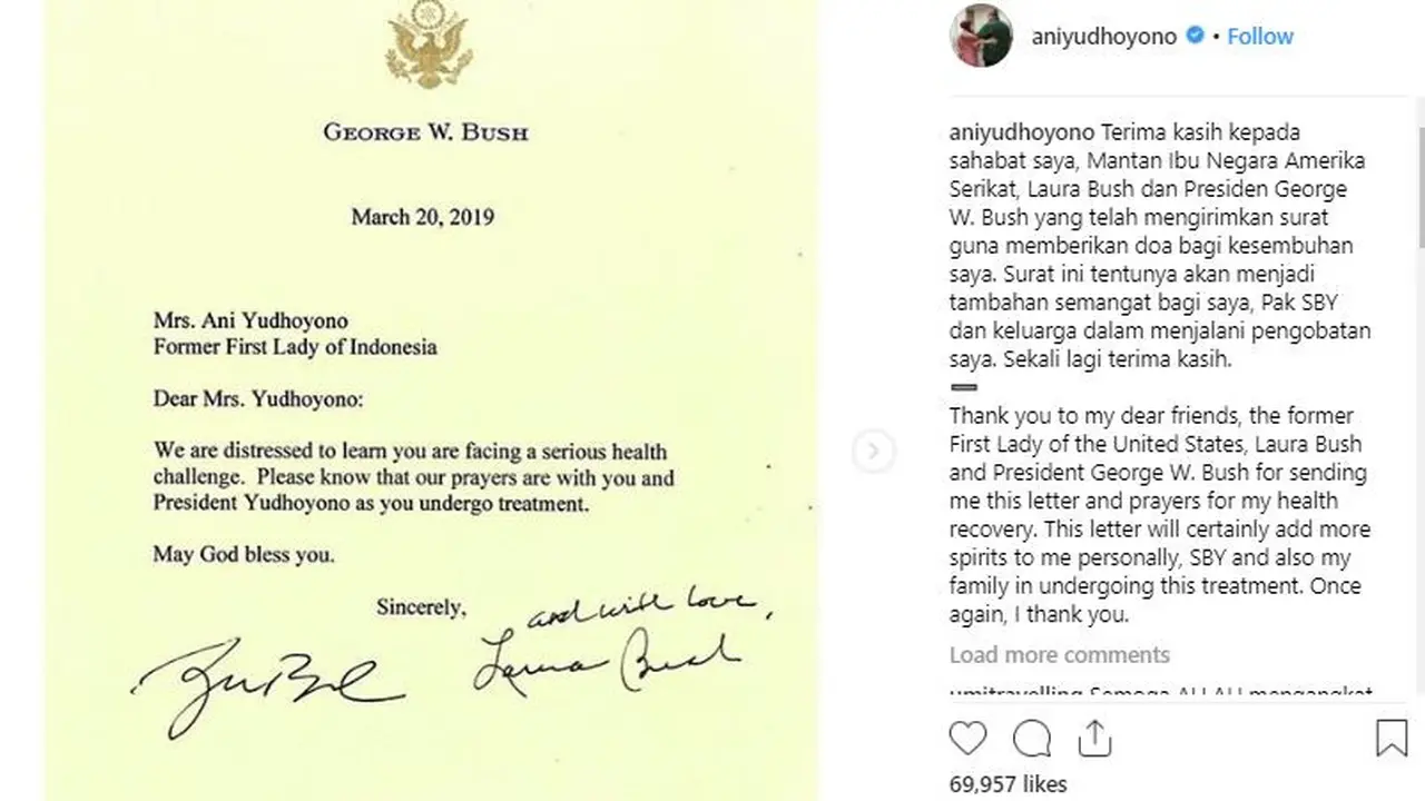 Mantan Ibu Negara Ani Yudhoyono mengunggah surat dari mantan Presiden Amerika Serikat George W Bush dan istrinya di akun instagramnya.